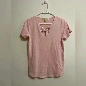 Michael Kors - Women’s Pink V-Neck CrossAccent 100% Cotton Short Sleeve - Size S